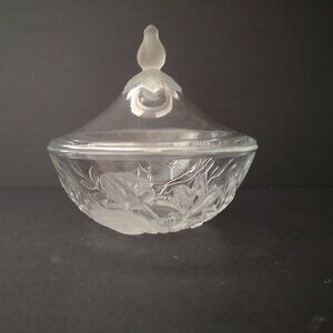 Vintage Frosted & Clear Glass Candy Bowl with Lid Rose Embossed 5"